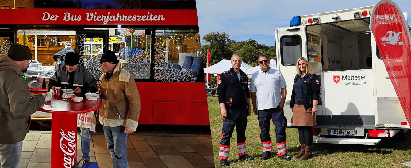 Linke Bildhälfte: Drei Männer stehen vor dem umgebauten roten Reisebus des Vereins "Vierjahreszeiten" in Halle und nehmen an einem Stehtisch eine Mahlzeit zu sich. Rechte Bildhälfte: Drei Mitarbeitende des Malteser Hilfsdienst stehen während der Bistumswallfahrt 2025 auf der Huysburg vor dem neuen MalteserMobil, einem umgebauten Rettungswagen, der in Magdeburg unterwegs ist, um Obdachlose in ihrem Alltag zu begleiten und zu unterstützen.