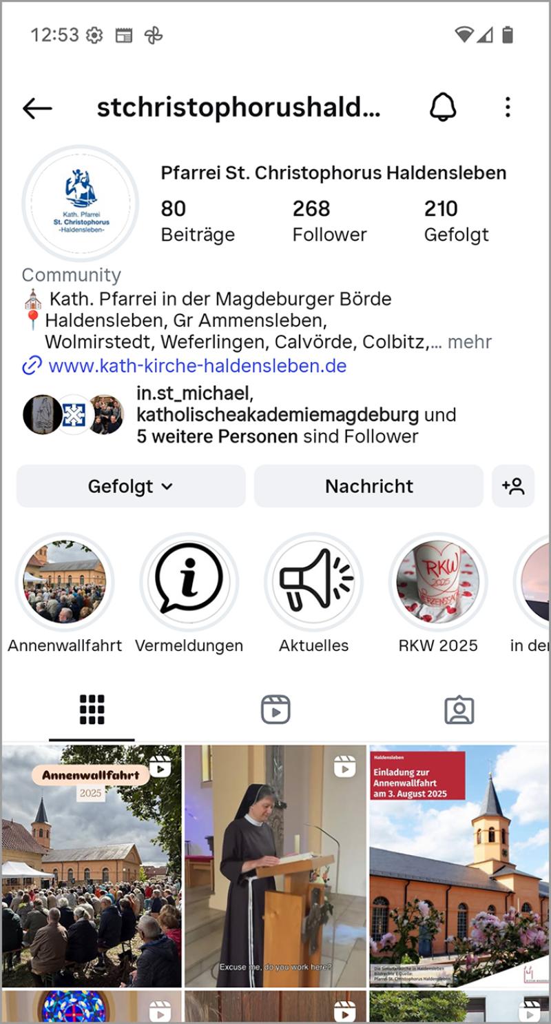 Screenshot des Instagram-Kanals der Pfarrei St. Christophorus