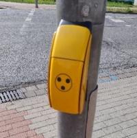 Taster einer Fußgängerampel mit einem Symbol für blinde Menschen