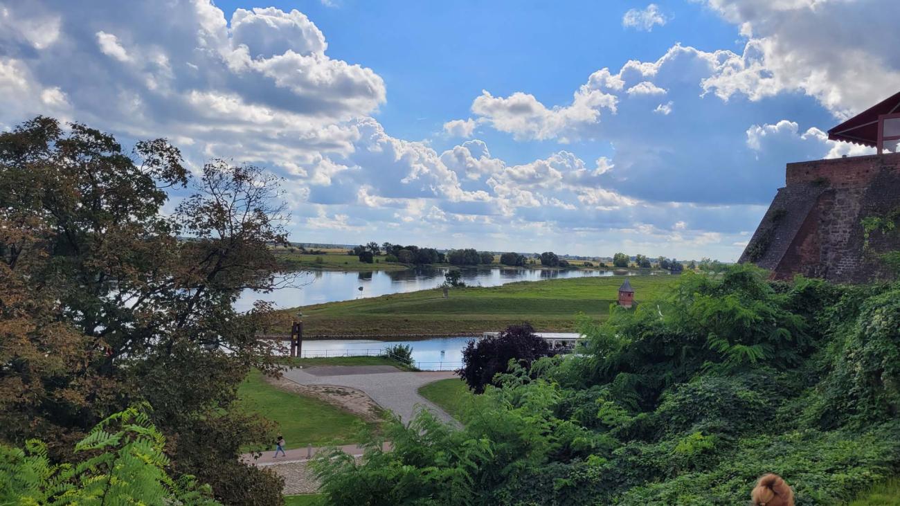 Blick auf einen Fluss und Wiesen