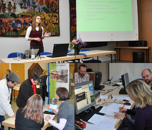 Bildcollage mit Szenen des Tages: Vortrag, Empfang, Arbeit am PC